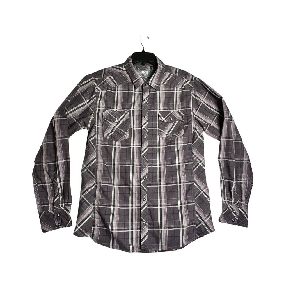 BKE Buckle L/S Black Plaid Pearl Snap Shirt Mens XL